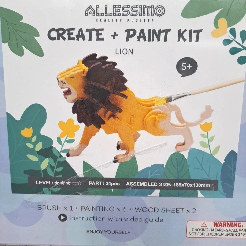 Lot Of 2, Allessimo 3D Wooden Puzzle Paint Craft Model Lion & Tiger New
